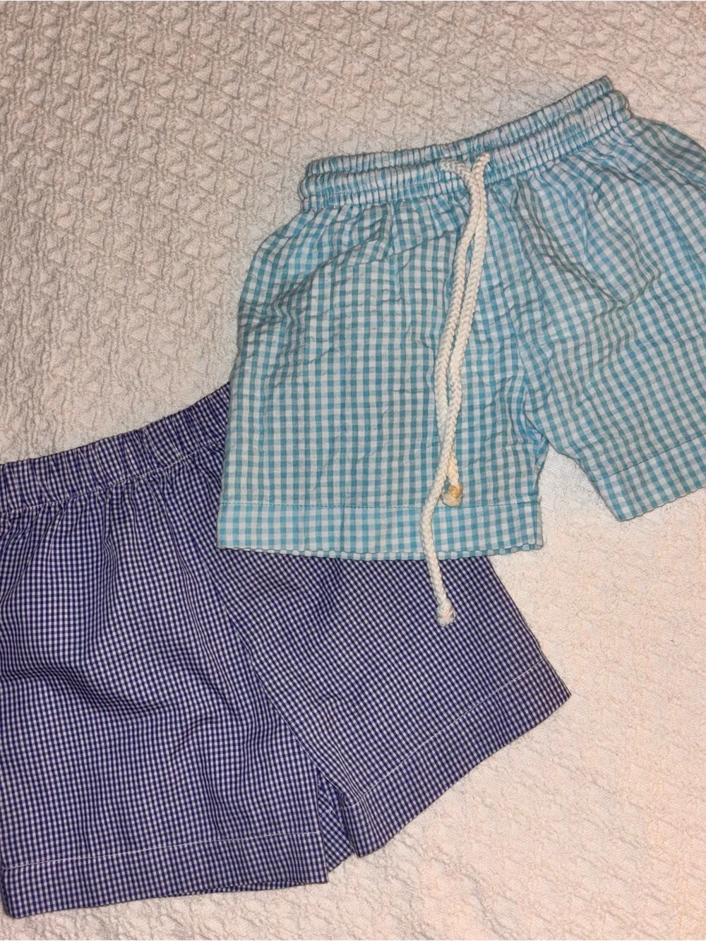 12 month boy aqua blue seersucker swim trunks and royal blue king shorts bundle